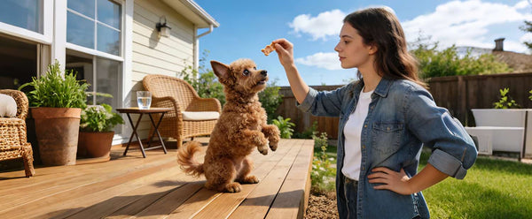 Woman using positive reinforcement to train a small brown dog on a deck by rewarding good behavior with a treat.