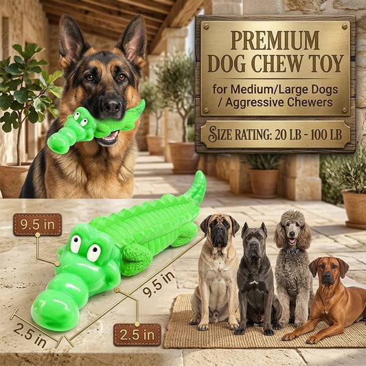 Premium dog chew toy size guide, showing the 9.5-inch length ideal for medium to large aggressive chewers weighing 20 to 100 lbs.