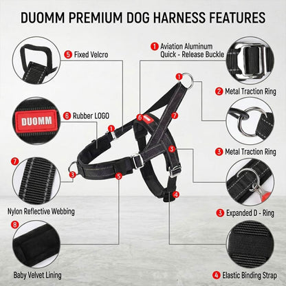 Premium dog harness features including an aviation aluminum quick-release buckle, metal traction ring, nylon reflective webbing, and baby velvet lining.