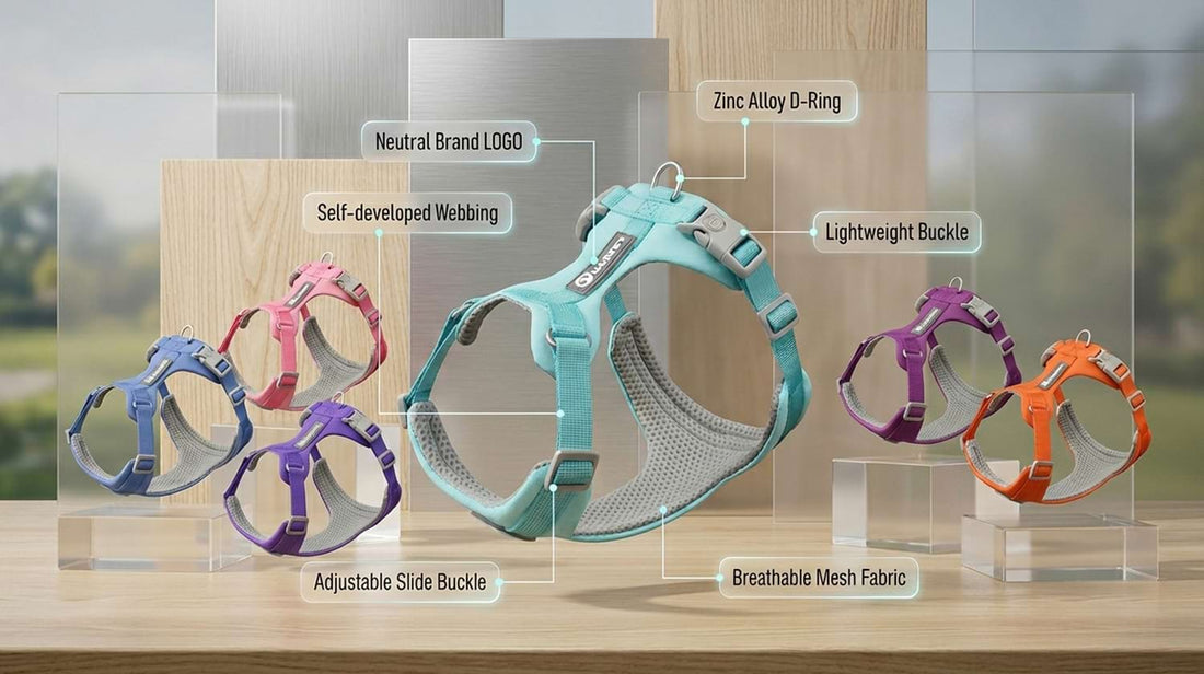 Premium hardware details of the adjustable dog harness, showcasing the zinc alloy D-ring, adjustable slide buckle, and neutral brand logo.