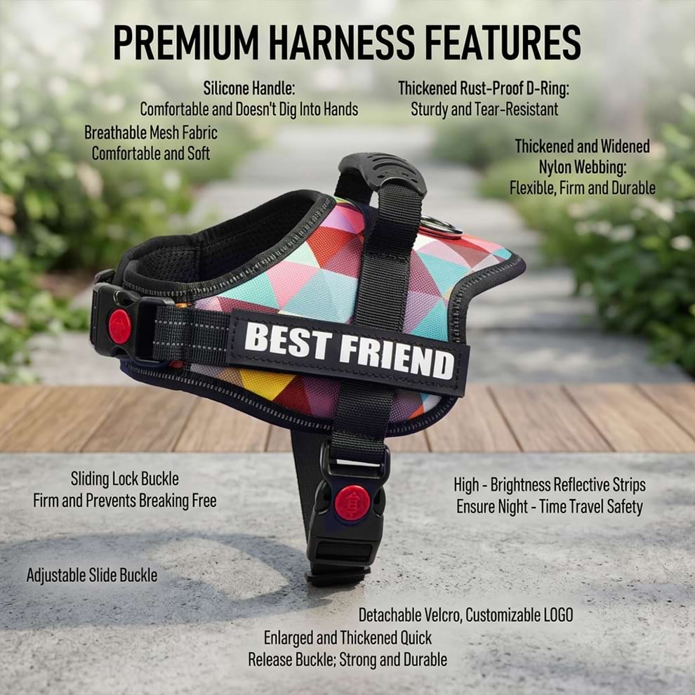 Premium large dog harness features including a silicone handle, rust-proof D-ring, sliding lock buckle, and high-brightness reflective strips.