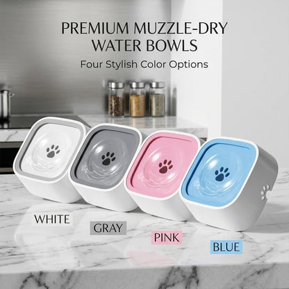 Premium no-spill dog water bowls available in four stylish color options: white, gray, pink, and blue to perfectly match your home decor.