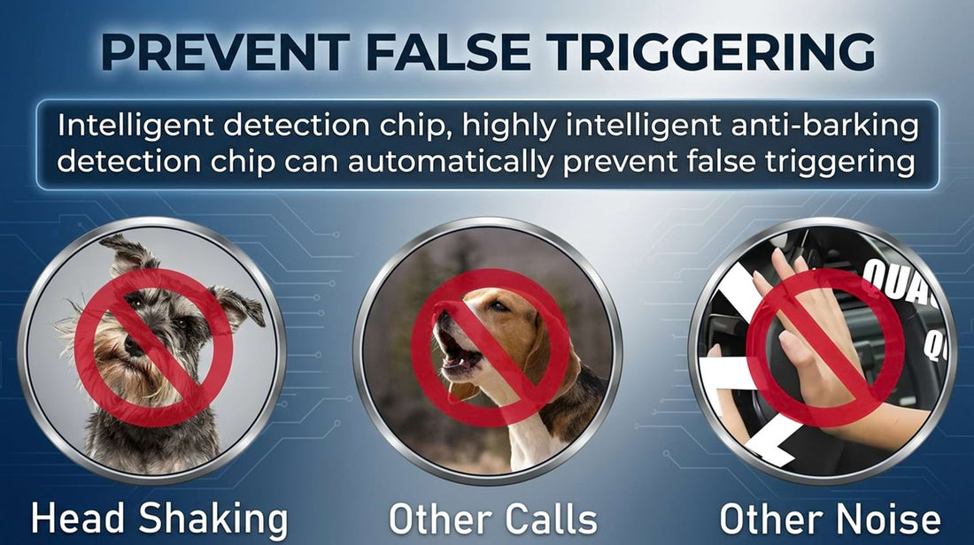 Highly intelligent anti-barking detection chip designed to automatically prevent false triggering from head shaking, other dogs' calls, or ambient noise.