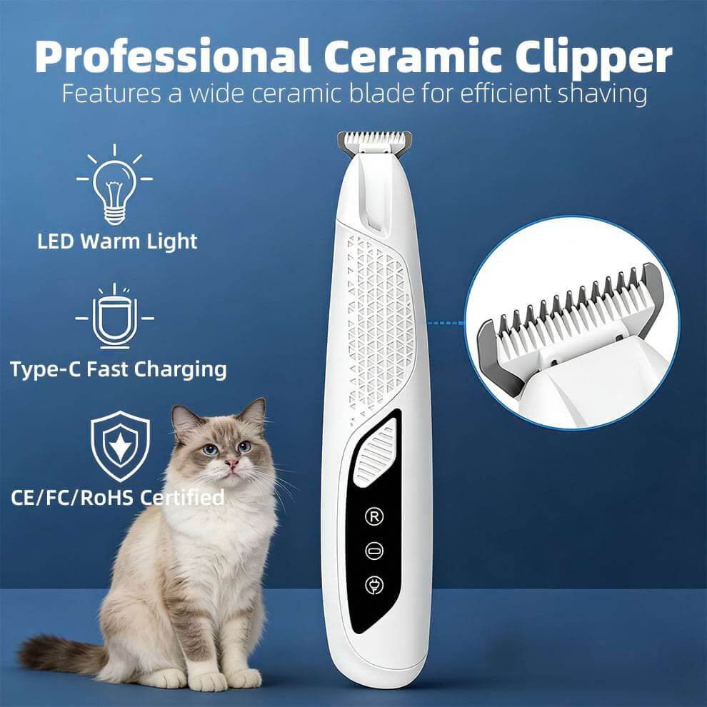 Close-up of the professional dog paw clippers attachment featuring a wide ceramic blade and warm LED light for efficient, safe shaving.