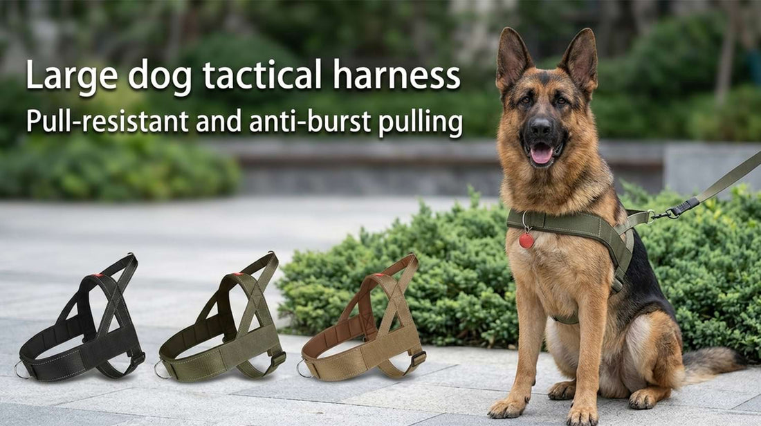 Pull-resistant and anti-burst large dog tactical harness worn by a German Shepherd, showcasing the durable scientific triangular T-shape design.