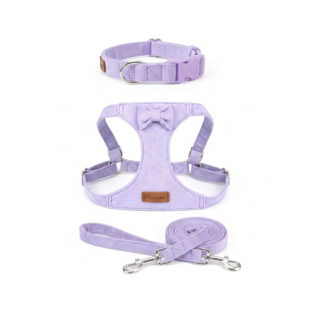 Puppy Harness And Leash set in stylish purple suede, featuring an adjustable collar, cute bow harness, and matching lead for small dogs.