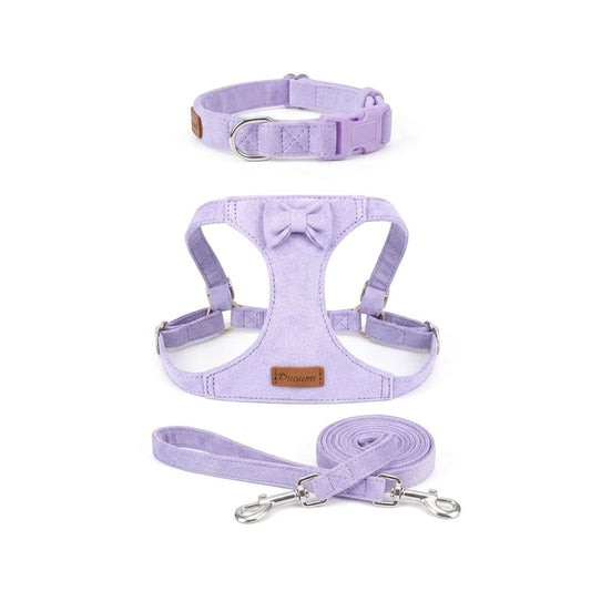 Puppy Harness And Leash set in stylish purple suede, featuring an adjustable collar, cute bow harness, and matching lead for small dogs.