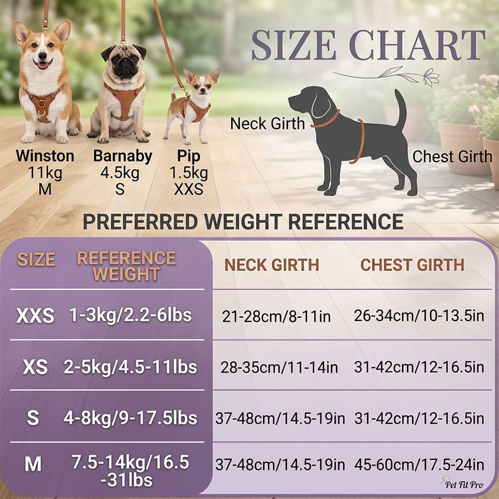 Puppy harness size chart showing neck and chest girth measurements for small breeds like Chihuahuas and Pugs, ranging from 1kg to 14kg.