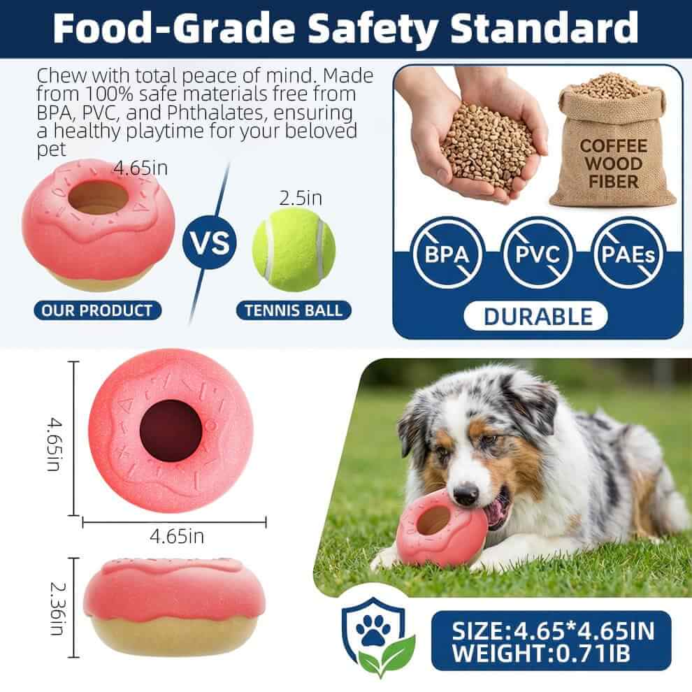 Material comparison for puppy teething toys: safe nylon and coffee wood fiber vs tennis balls.