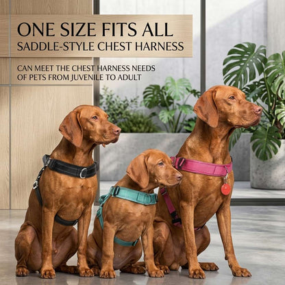 One size fits all saddle-style chest harness that can meet the chest harness needs of pets from juvenile to adult, shown on three growing dogs.