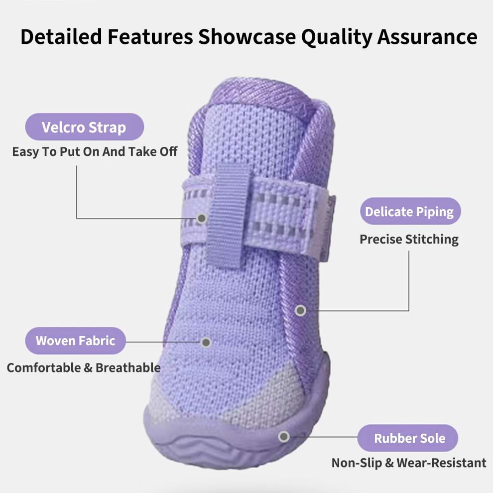 Infographic detailing features of purple Dog Shoes including adjustable velcro straps breathable woven fabric delicate piping and non-slip rubber soles.