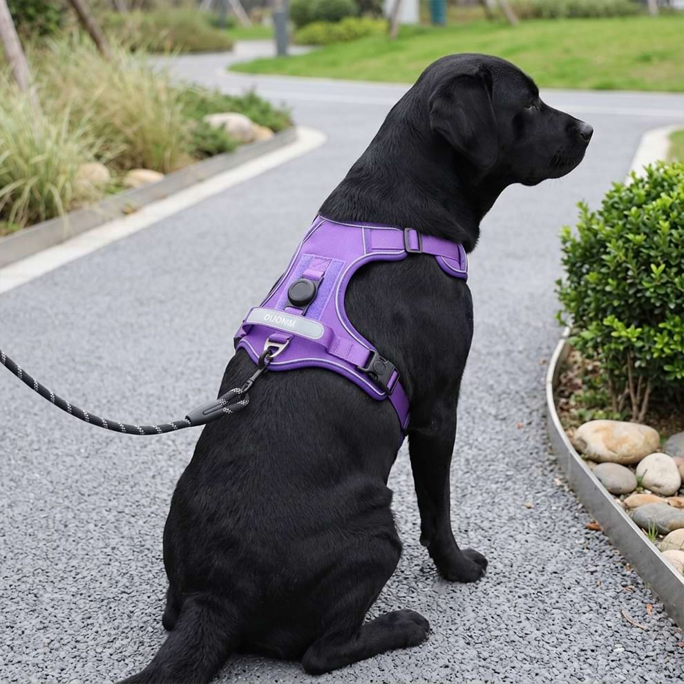 Purple escape-proof dog vest worn by a black Labrador, highlighting the adjustable fit and reflective trim for daily walks.