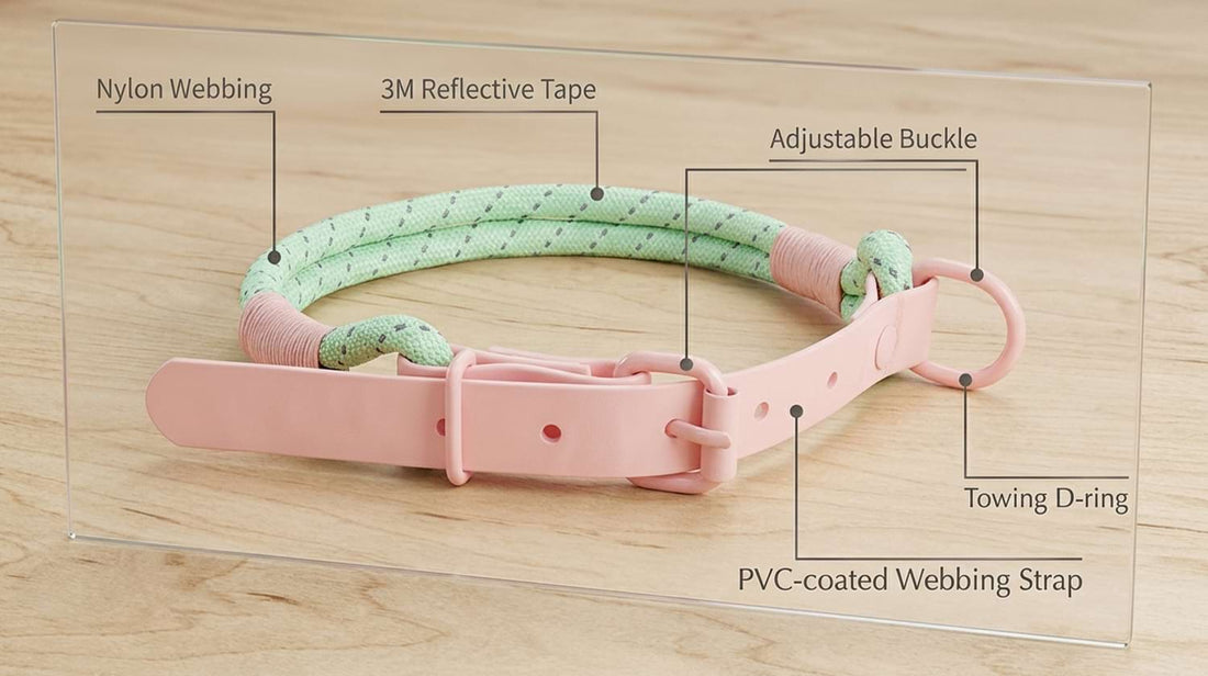 Detailed view of the PVC-coated webbing dog collar, highlighting the 3M reflective tape, nylon webbing, adjustable buckle, and towing D-ring.