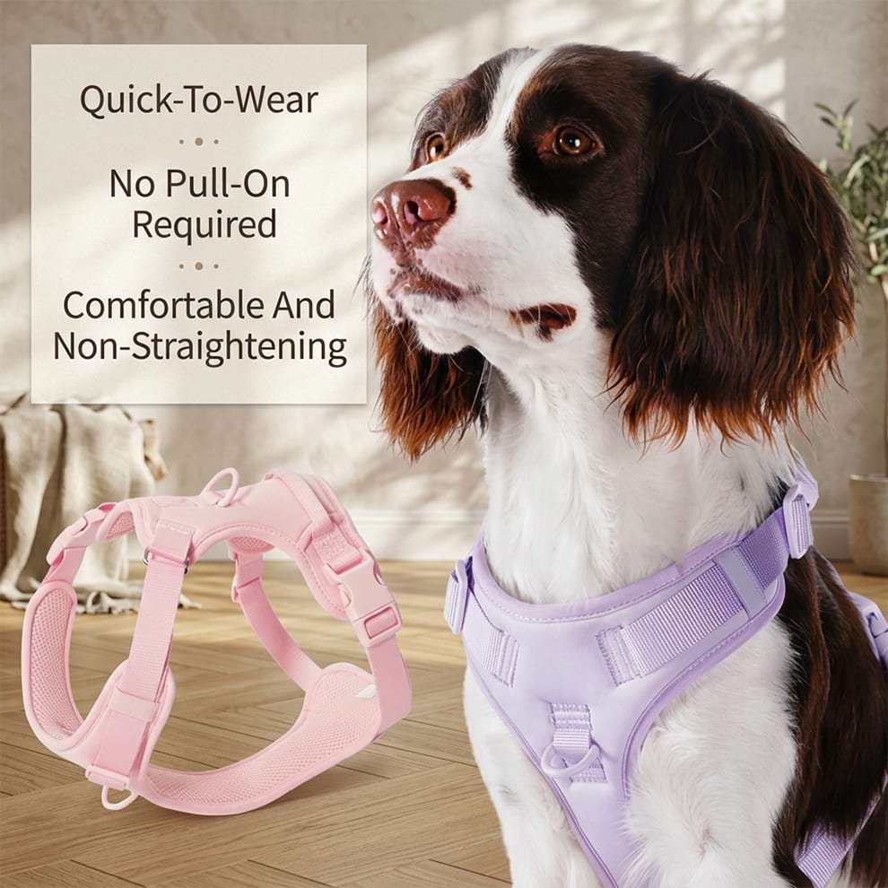 Quick-to-wear comfortable dog harness that requires no pull-on, ensuring a non-straightening and stress-free fitting process for your pet.