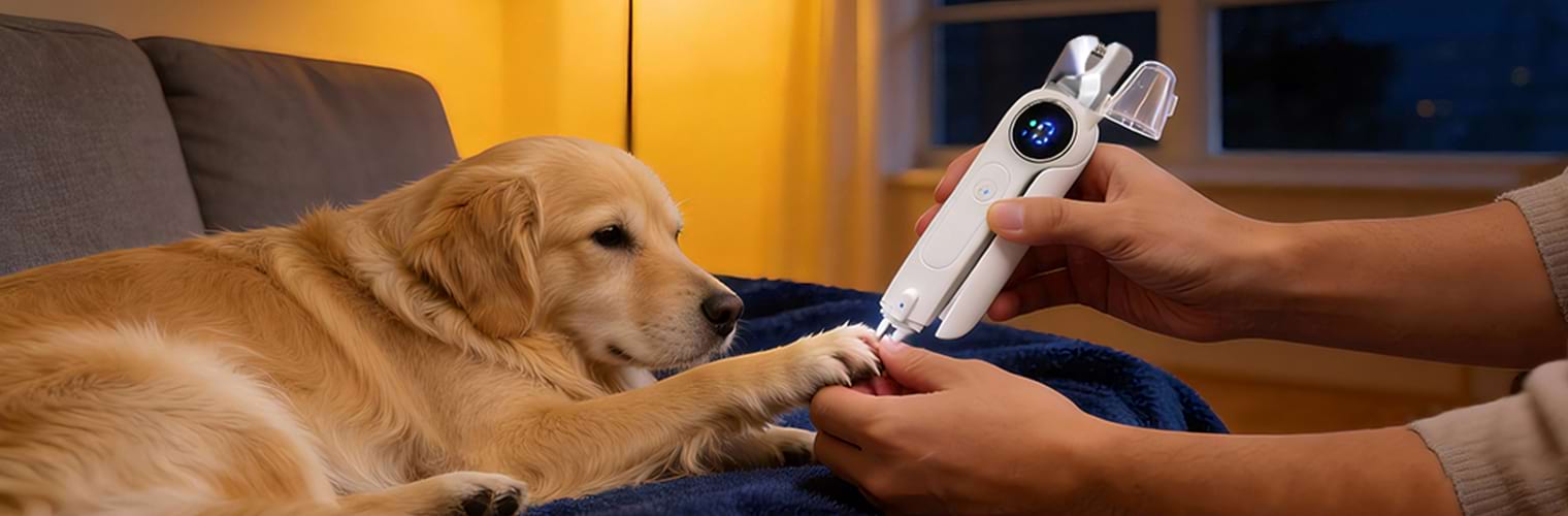 A Golden Retriever lying calmly on a sofa while the owner uses the quiet dog nail grinder to smooth sharp claws, demonstrating the low-noise motor suitable for anxious large breeds.