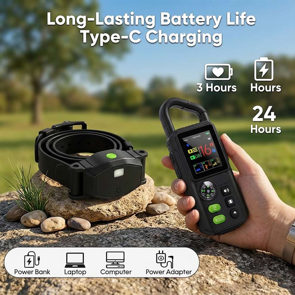 Rechargeable dog fence system with Type-C charging and long-lasting battery life, functioning as a camping dog fence portable setup.