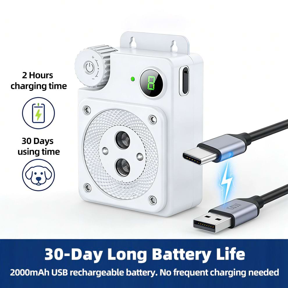 USB charging cable connected to Sonic Bark Deterrent showing 30-day battery life.