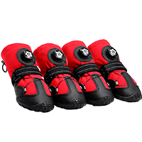 Red adjustable dog hiking boots that stay on.