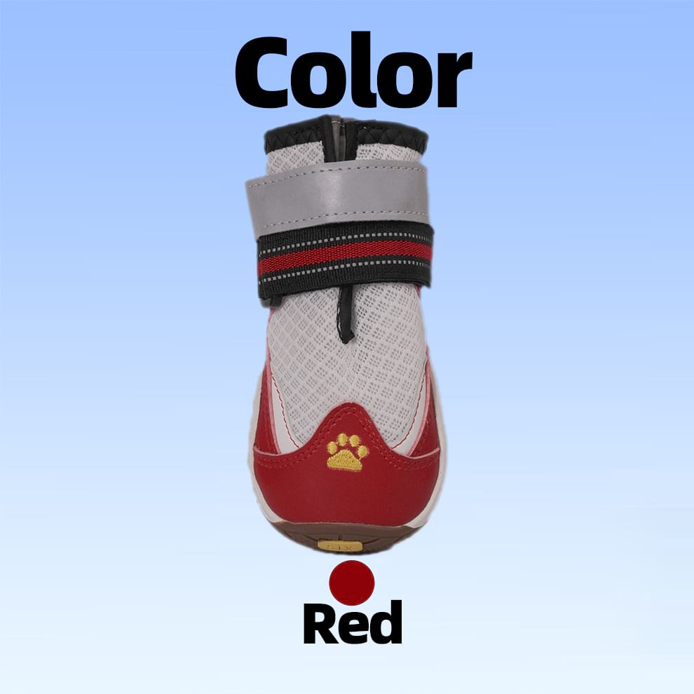Vibrant Red Summer Dog Shoes featuring a white breathable mesh upper for high visibility and heat protection.