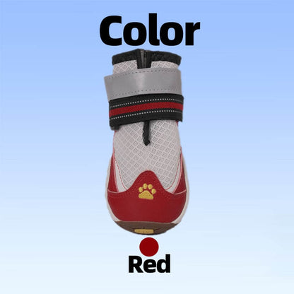 Vibrant Red Summer Dog Shoes featuring a white breathable mesh upper for high visibility and heat protection.