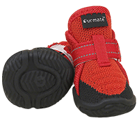 Red breathable mesh dog shoes with non-slip sole.
