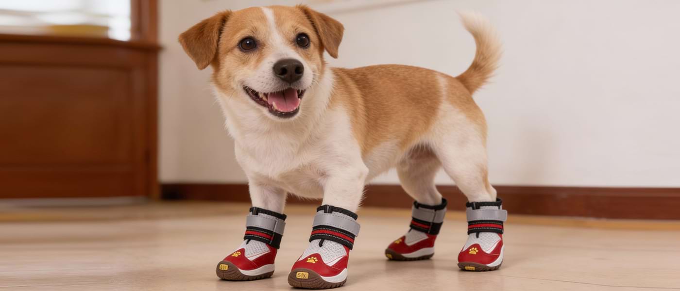 Small dog standing confidently on polished wood wearing Red Dog Shoes for Hardwood Floors, designed to prevent scratches and help dogs stop sliding.