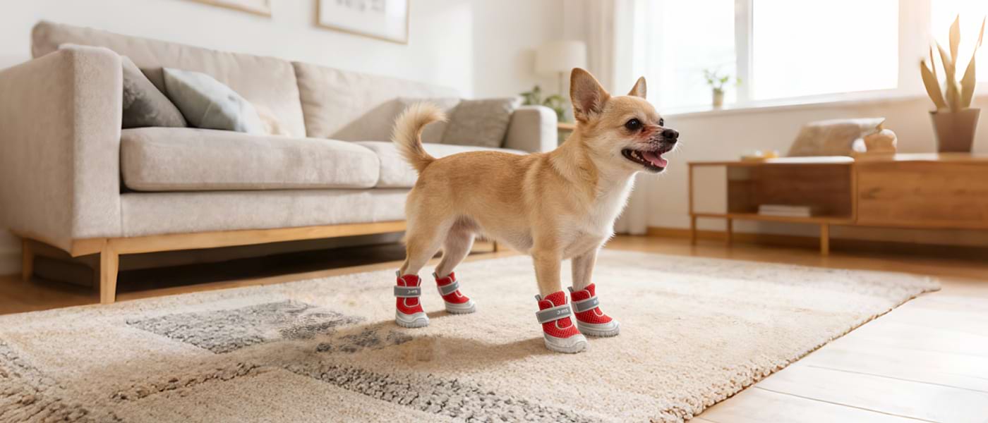 A Chihuahua wearing Red Summer Dog Boots in a living room, showcasing the perfect fit of Dog Shoes for Small Dogs.