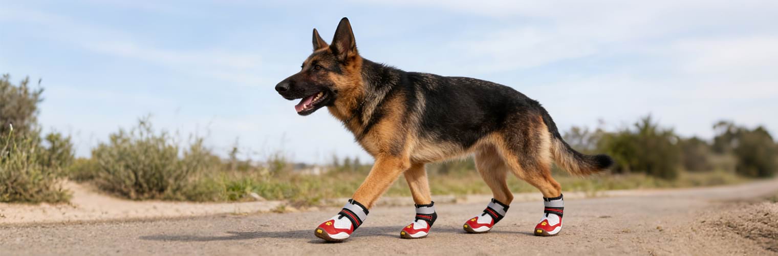 Large dog walking on a dirt trail wearing Red Hiking Dog Shoes, designed to shield paws from hot sand, sharp rocks, and rough terrain.