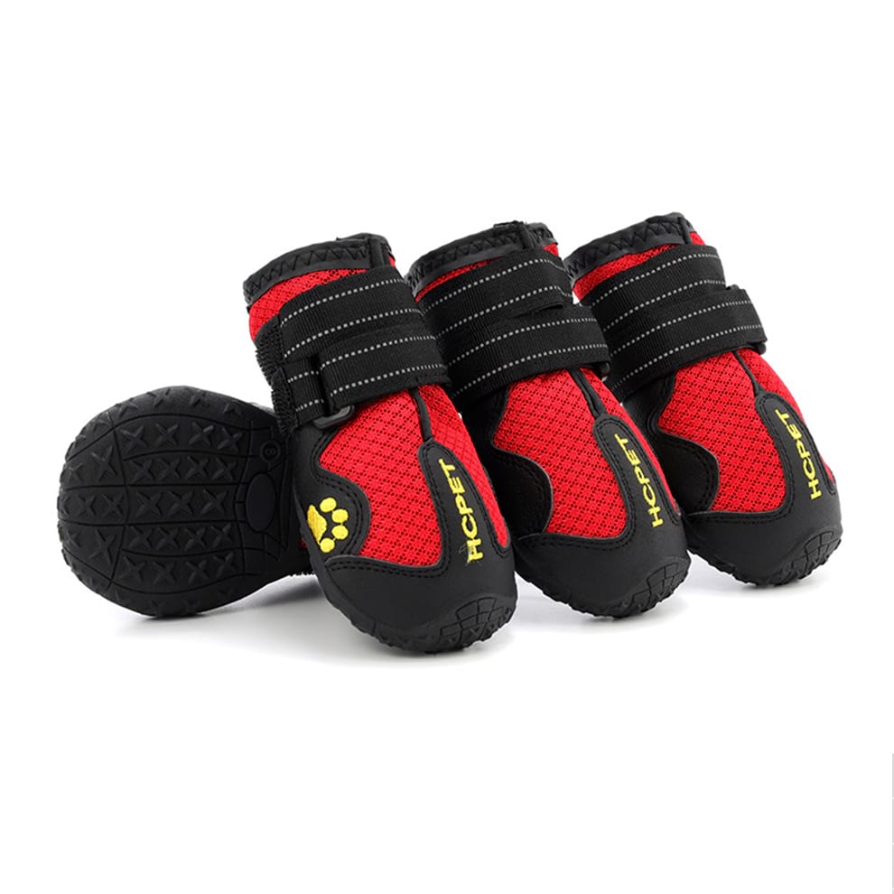 Dog boots for large dogs (Red Mesh Edition) designed with breathable fabric to allow airflow and comfort on hot days.