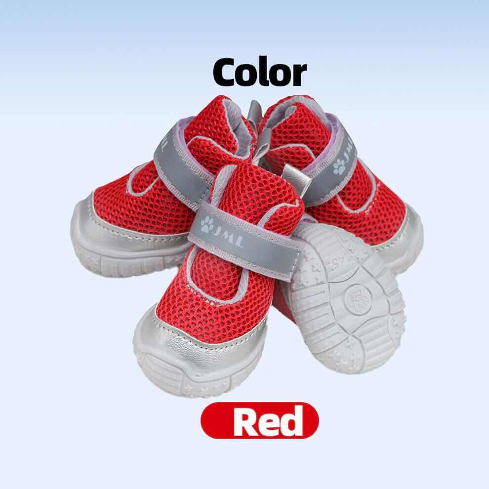 Vibrant Red Dog Shoes for Hot Pavement featuring breathable sandwich mesh and reflective straps for high visibility.