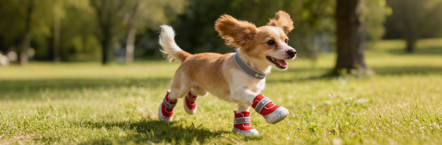 A small dog running joyfully on grass wearing red Dog Shoes for Hot Pavement, demonstrating the secure fit of these Non-Slip Dog Shoes.