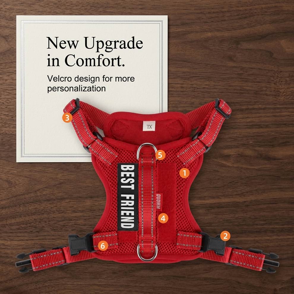 Red step-in dog harness highlighting a new upgrade in comfort with a customizable Velcro design for personalized service or ID patches.