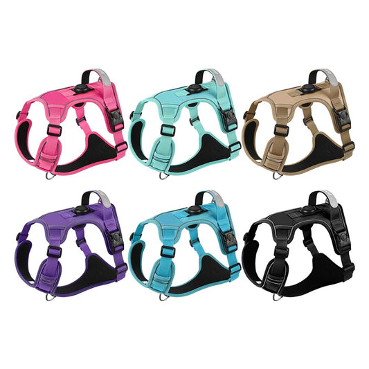 Reflective Airtag dog harness available in six vibrant colors including turquoise, pink, khaki, purple, blue, and black for all breeds.
