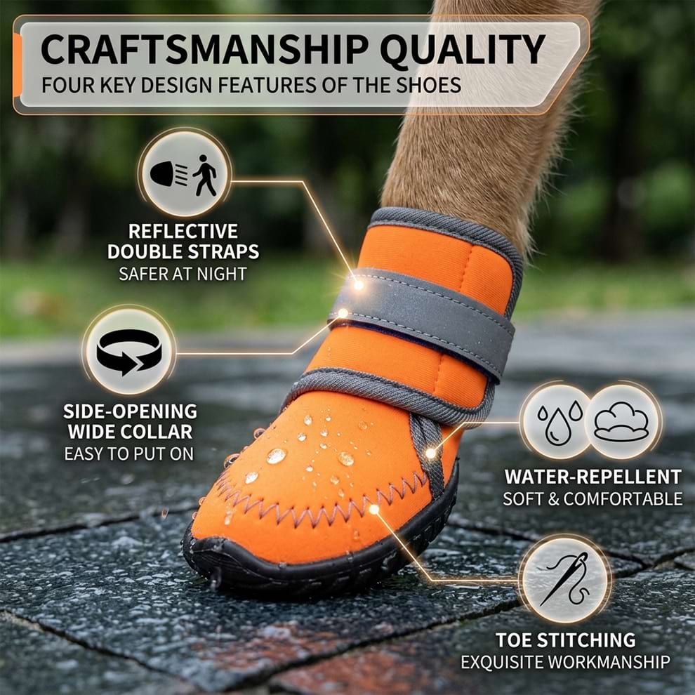Reflective dog boots for night walking with double straps, a side-opening wide collar for easy wear, and water-repellent craftsmanship.