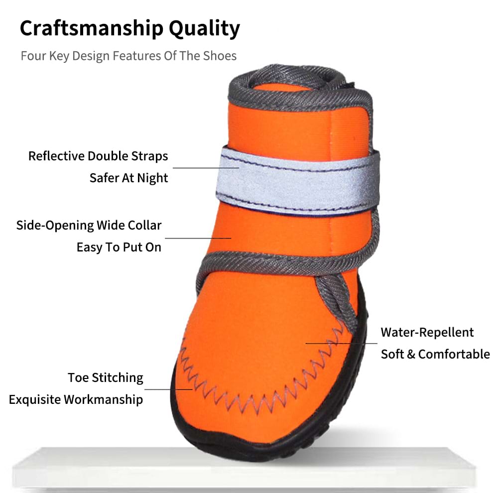 Close up of reflective dog boots showing the side-opening wide collar for easy application and exquisite toe stitching.