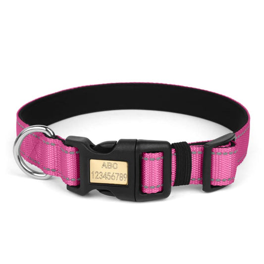 Reflective dog collar pink adjustable personalized with engraved name buckle