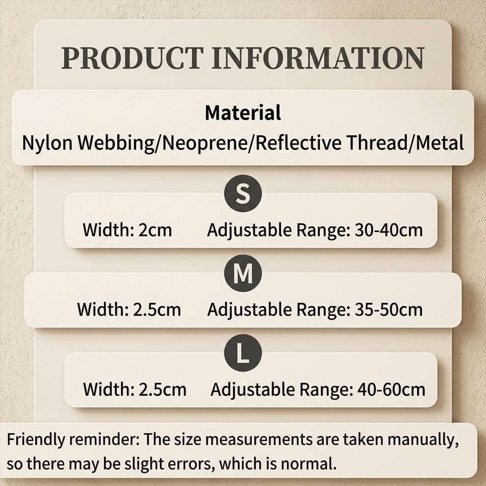 Reflective dog collar size chart detailing adjustable ranges for small, medium, and large breeds, made with premium neoprene and nylon.