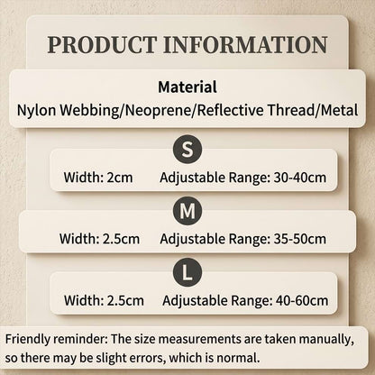 Reflective dog collar size chart detailing adjustable ranges for small, medium, and large breeds, made with premium neoprene and nylon.