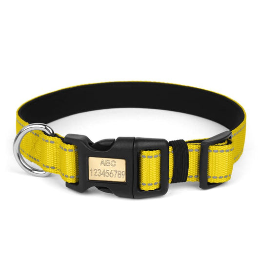 Reflective dog collar yellow adjustable personalized with engraved name buckle