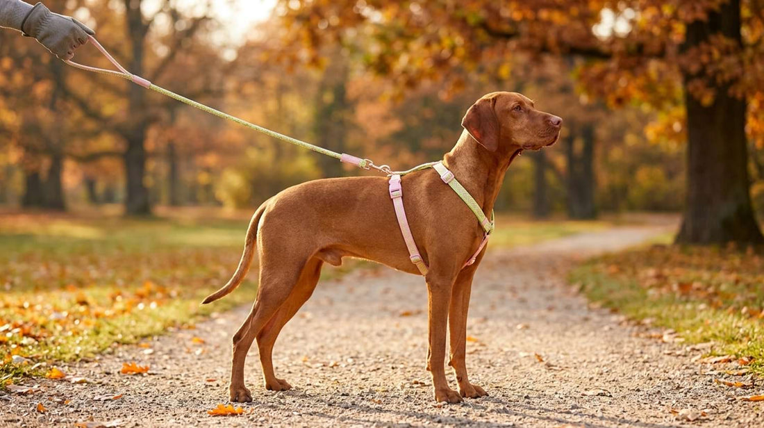 Reflective dog harness and leash set in peach green, providing high visibility and safety for your pet during beautiful autumn outdoor walks.
