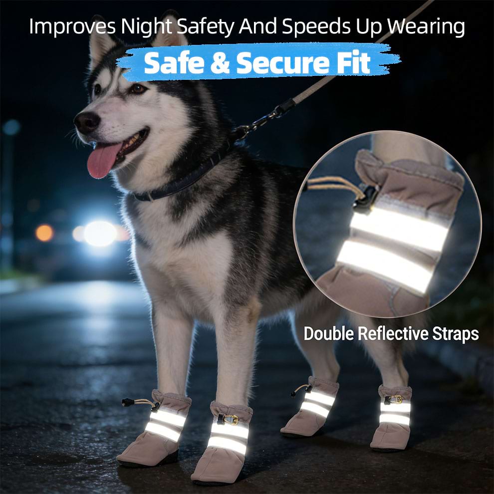 Husky dog standing in the dark with car lights in the background, showing how the reflective strips on the Dog Sock Shoes glow for safety.