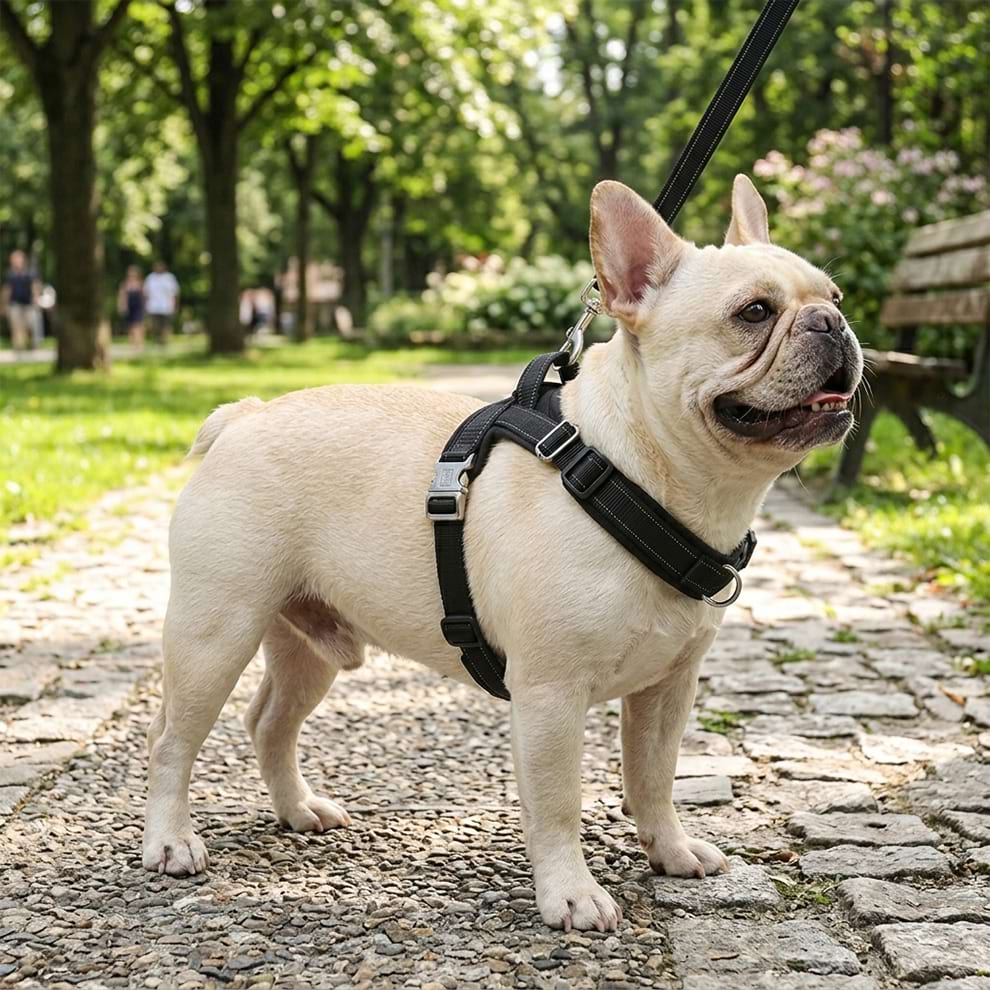Reflective dog walking harness on a French Bulldog outdoors, providing safe and comfortable control during daily walks in the park.