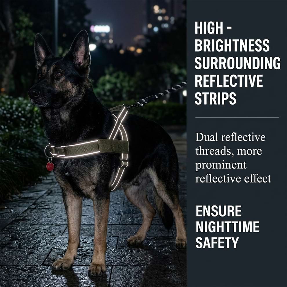 High-brightness surrounding reflective strips on the tactical dog harness, ensuring nighttime safety and visibility for a German Shepherd.