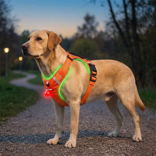 Reflective no pull dog harness worn by a Labrador at night, highlighting the glowing safety features for secure evening walks.