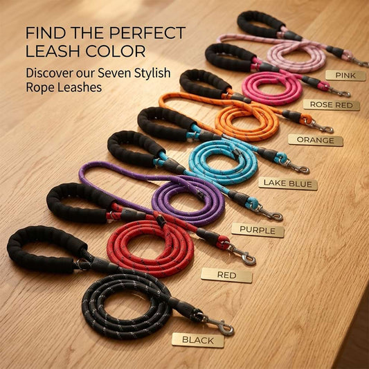 Reflective rope dog leash available in seven stylish colors including pink, orange, lake blue, purple, red, and black to match your pet's gear.