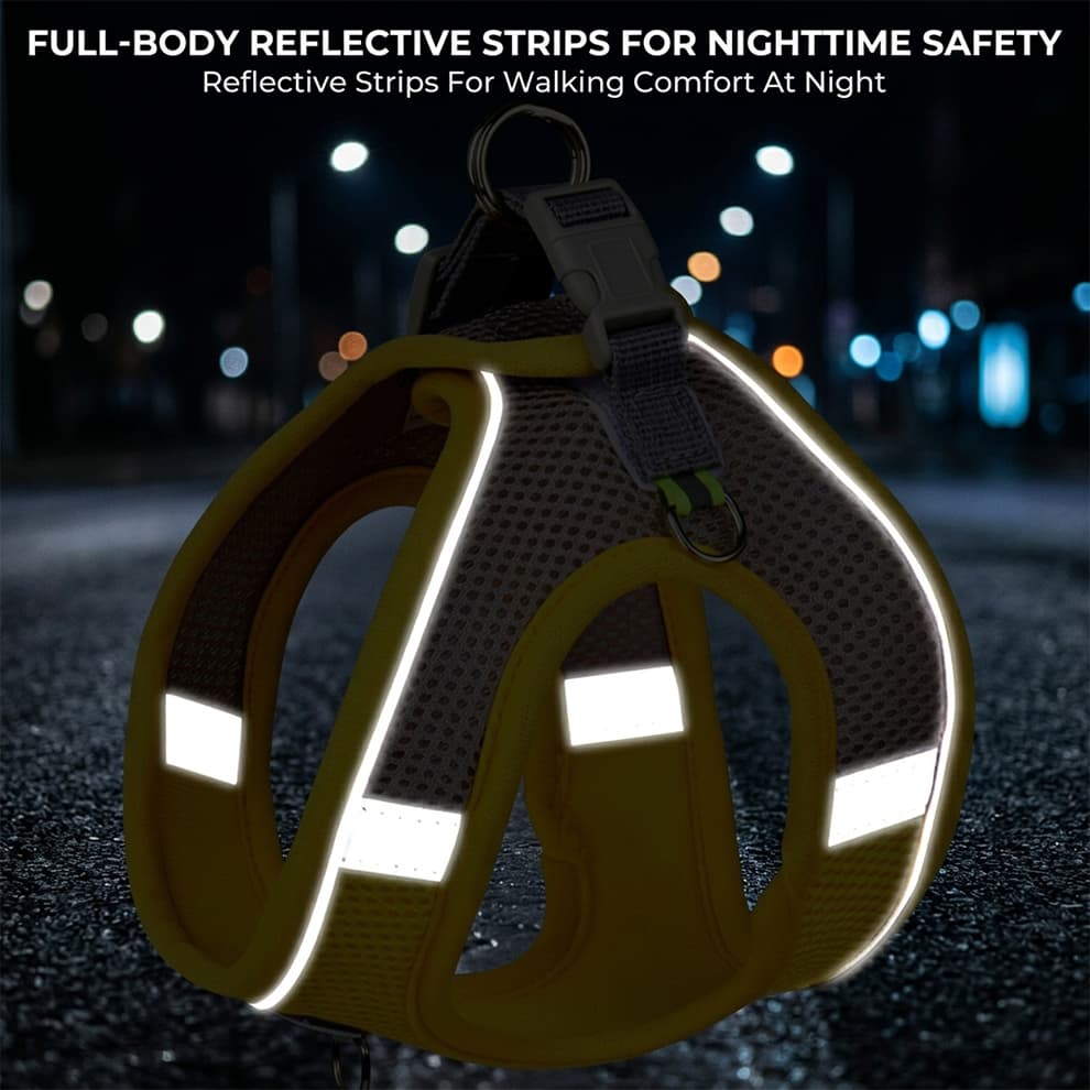 Full-body reflective strips on the small dog harness, ensuring maximum visibility and walking comfort for your pet during nighttime.