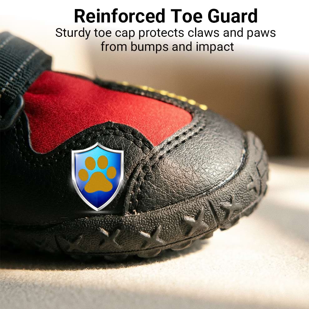 Close-up of dog boots for large dogs featuring a sturdy reinforced toe cap to protect claws from bumps and impact.