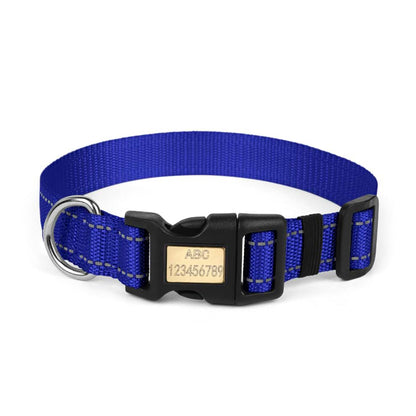 Royal blue custom engraved dog collar featuring thick reflective strips for enhanced nighttime visibility and safety.