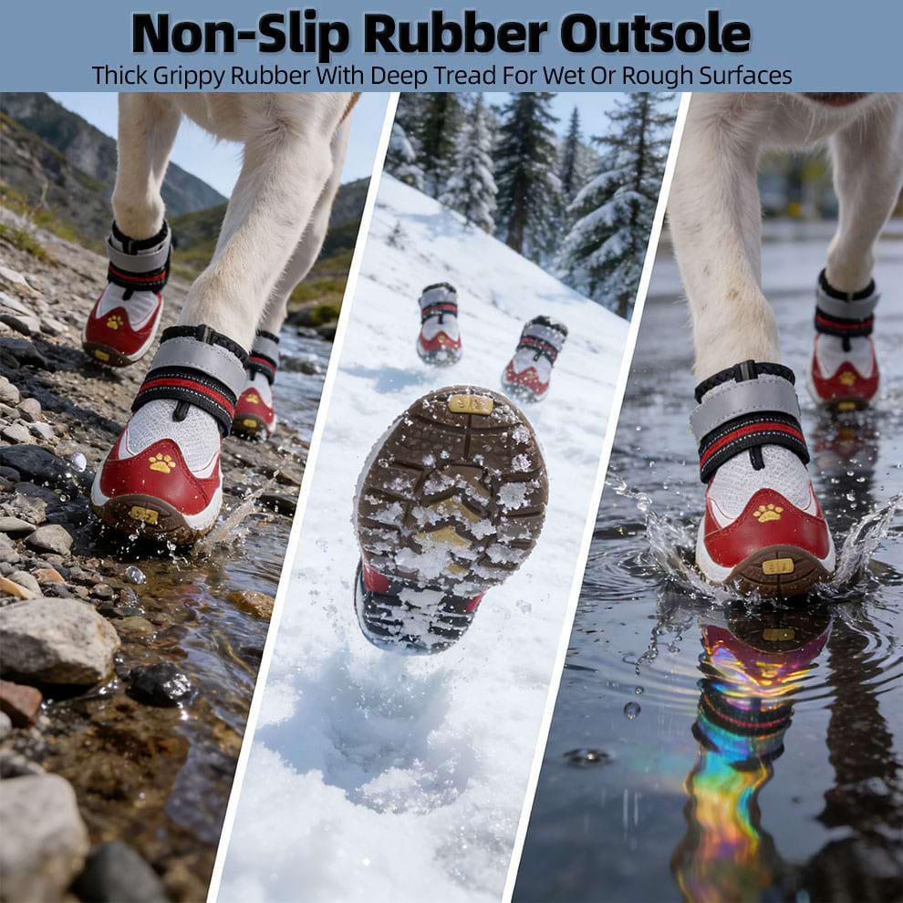 Thick rubber outsole tread that provides traction on wet rocks and functions as heat-resistant Dog Boots for Hot Pavement.