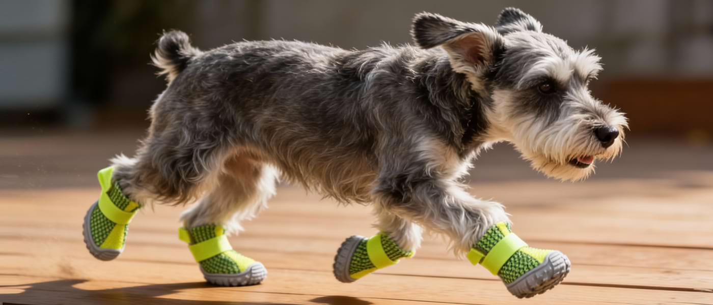 Active dog running on a sunny deck wearing Green Breathable Dog Shoes that stay secure during play.